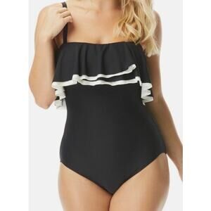 Coco Reef Black Cream Agate Ruffle Bandeau UW One Piece Swim Suit 16 40C NWT